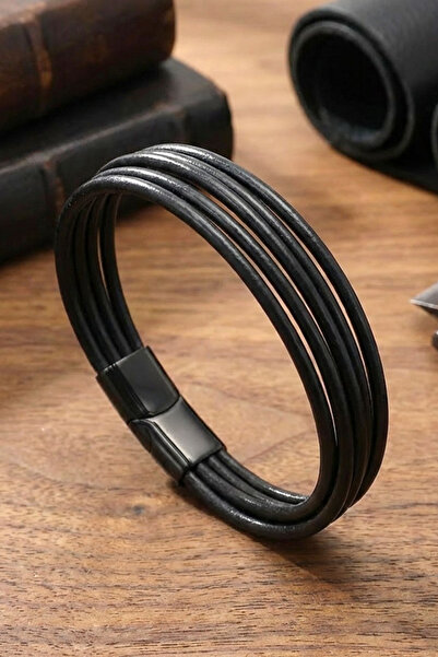 OSMANLI GÜMÜŞ Men's Leather Bracelet - Multi-Leather Six-Row Black Leather Me...