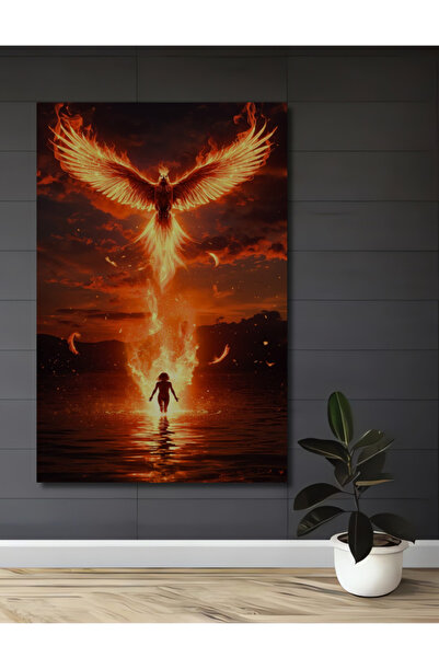 Teona Ahşap Alevlerin Yükselişi Mitolojik Anka Kuşu Yağlı Boya Görünümlü Deko...