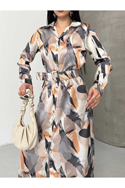 Moda İkra rochie de damă cu guler tip cămașă, cu curea și imprimeu zigzag