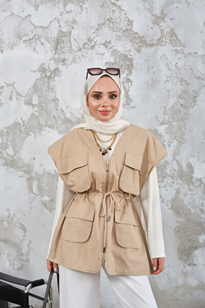 LOCCO Women's Cord Detailed Gabardine Waist Tied Vest Cream