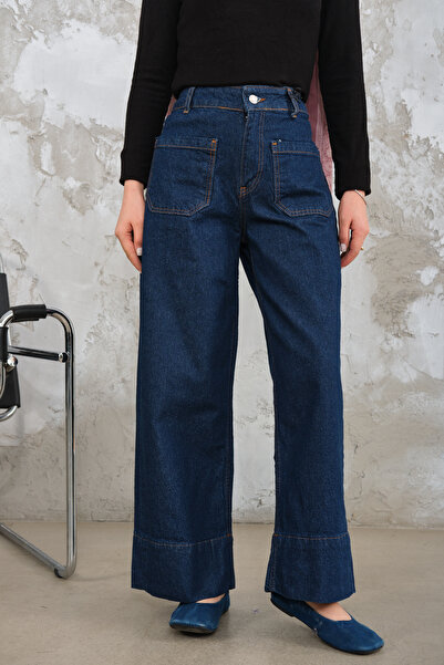 LOCCO Women's Stitching Detail Jeans Trousers Navy Blue