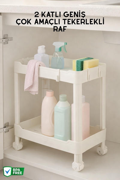 Nandy Home 2 Katlı Geniş, Çok Amaçlı, Tekerlekli Düzenleyici Raf, Evye Altı O...