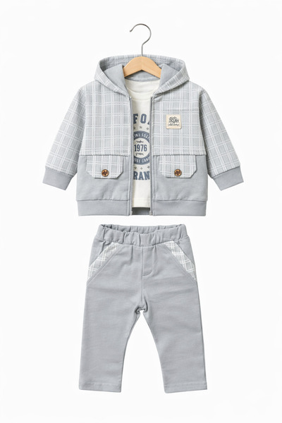 Baby Fou Baby Boy Plaid Detailed Hooded Zippered 3-Piece Set