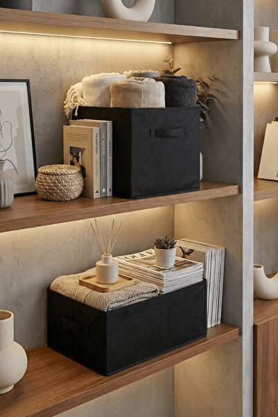 PH Prendi Home Practical Set of 2 Black Box Organizer Without Lid and Rectang...