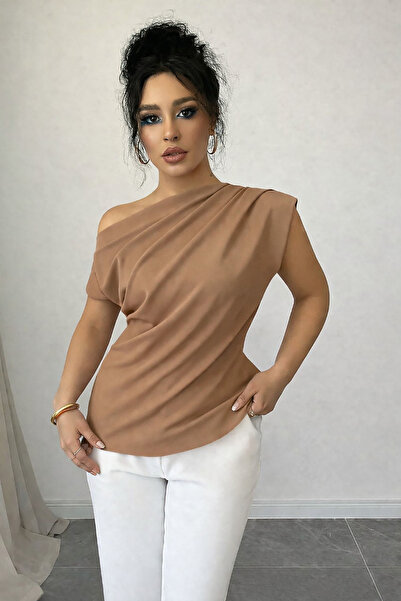 Deafox Milky Brown Women's One-Shoulder Detail Scuba Crepe Fabric Blouse