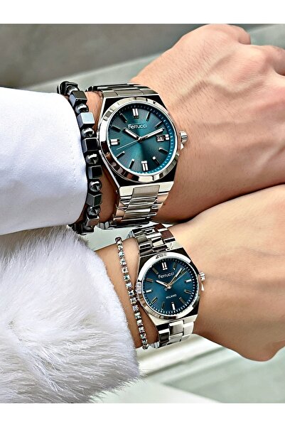 Ferrucci MAVİ KADRANLI GÜMÜŞ METAL ÇİFT SAATLER