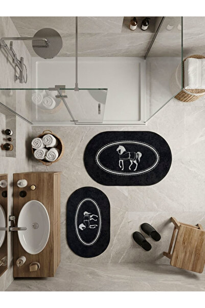 Brillant Siyah At Desen Horse Desenli 2'li Deri Taban Banyo Paspas (60x100 - ...