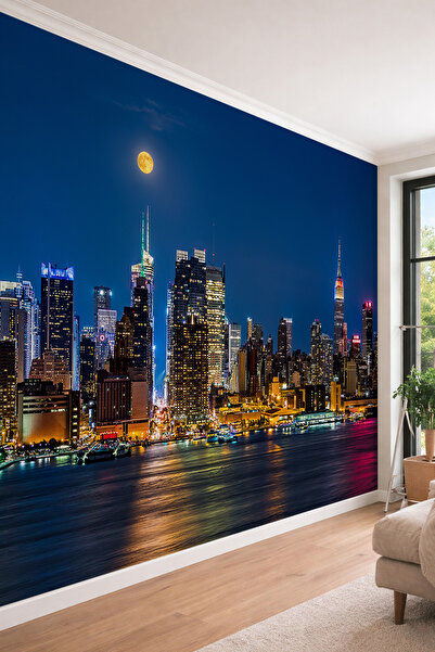 dreamwall New York Silüetli Gece Şehri Manzaralı ve Dolunay Temalı Tek Parça ...