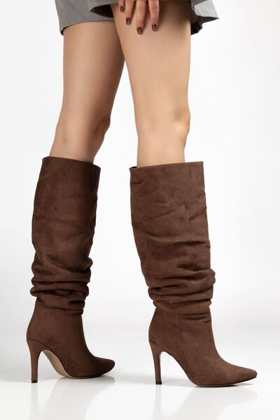 Budi Syt-2003 Brown Suede Bellows Thin Heeled Daily Boots