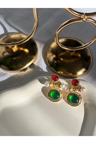 rosen accessories Yeşil Kırmızı Taşlı Bintage Küpe