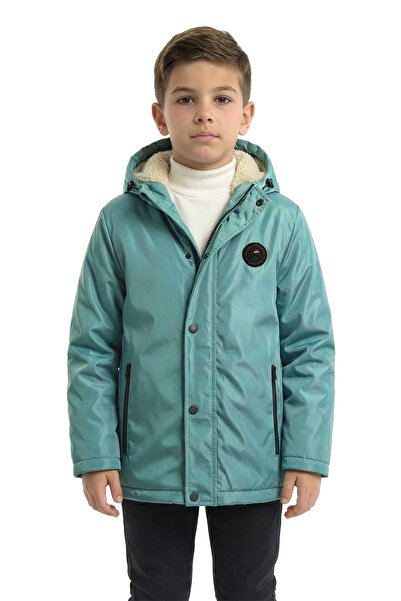 QAWWA Erkek Turkuaz Çocuk Kapüşonlu Rüzgar Geçirmez Kışlık Mont & Kaban & Parka