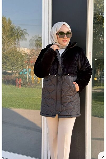 VOKALİS KADIN YARI PELUŞ YARI KAPİTONE FERMUARLI VE ÇITÇITLI BELİ LASTİKLİ MONT