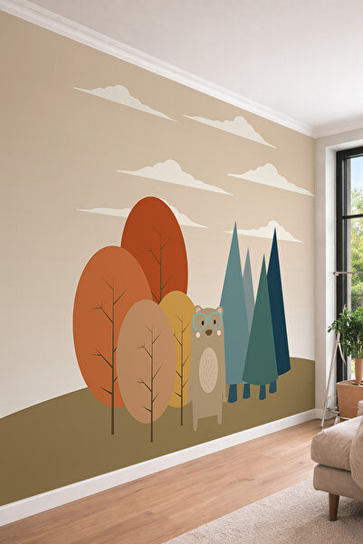dreamwall Çocuk Odası İskandinav Tarzı Gözlüklü Ayıcık ve Renkli Ağaçlar Tema...