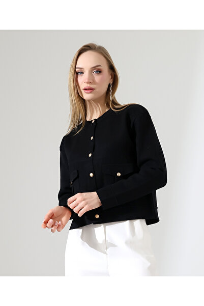 Moxsira Siyah Gold Düğmeli Kısa Ceket