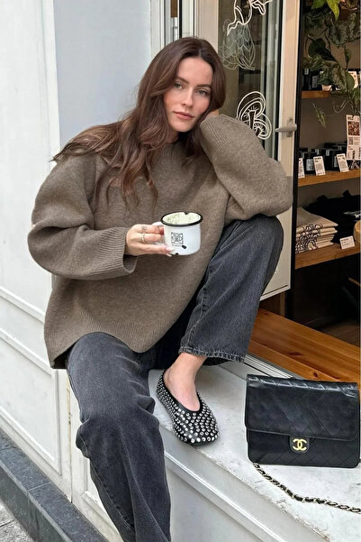 bysoca Women's Mink Crew Neck Long Sleeve Oversize Soft Textured Knit Sweater