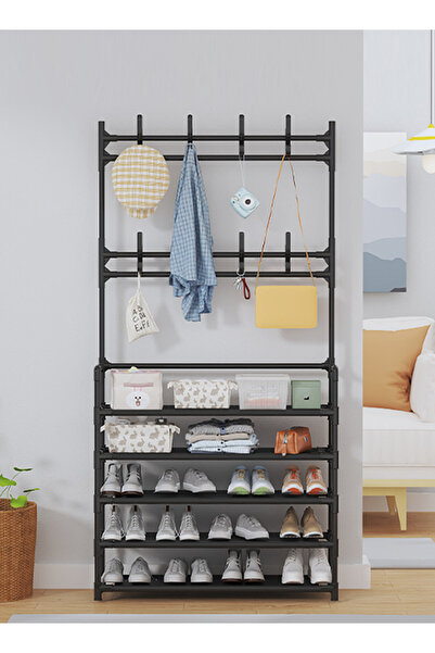 Generic 5-Tier Stainless Steel Coat Hat and Shoe Rack, Black Freestanding Sho...
