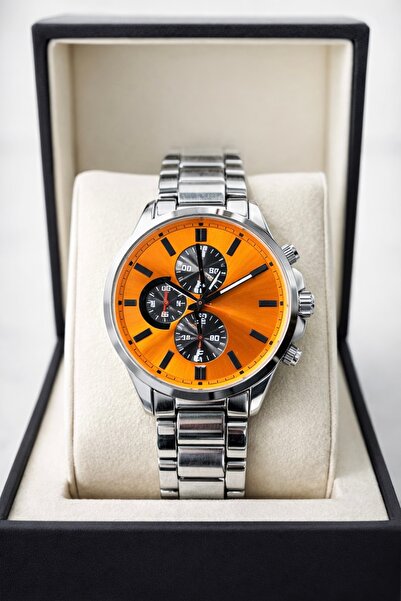 wesscollection Erkek Kol Saati Çelik Kordon Kronograf Tasarım Turuncu Kadran ...