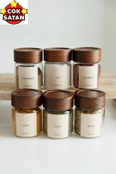 Kapris 6'lı Akasya Kapaklı Cam Baharatlık Seti 200 ML 16 Adet Etiket Hediye M...