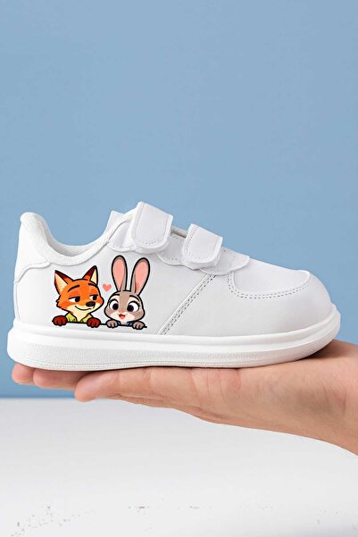 lias desing Fox Rabbit Printed White Striped Children's Sports Shoes Sneaker