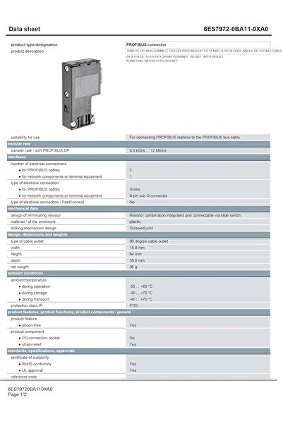 Siemens 6ES7972-0BA11-0XA0 SIMATIC S7 PROFIBUS DP Connector with Termination