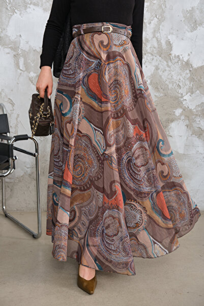 LOCCO Women's Belted Chiffon Skirt Oil Green