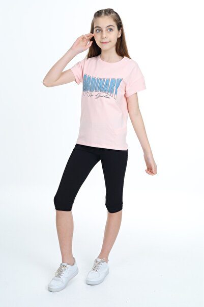 Toontoy Girl's 2-Piece Set Printed Crew Neck T-Shirt & Elastic Waist Crop Leg...