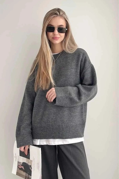 bysoca Women's Anthracite Crew Neck Long Sleeve Oversize Soft Textured Knitwe...