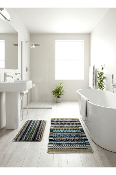 Brillant Zigzag Desenli 2 li Deri Taban Banyo Paspas (60x100 - 60x50)