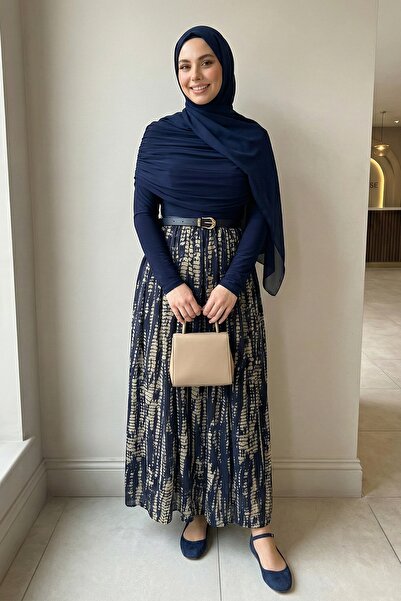 InStyle Şifon Sandy Kemerli Drapeli Lacivert Puantiye Desen Elbise