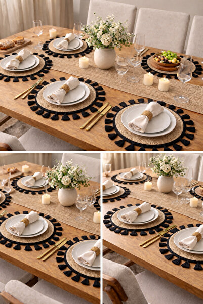 ecrella Doğal Jüt Yuvarlak Hasır Supla Amerikan Servis – Siyah Kenar Şeritli ...