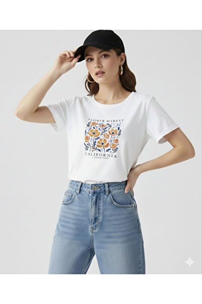 FAVORİST Flower Market California Printed Women's Crew Neck Tshirt