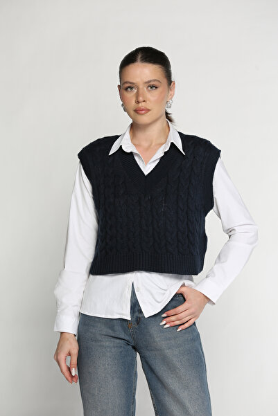 azragül giyim Kadın V Yaka Saç Örgü Süveter