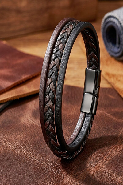 OSMANLI GÜMÜŞ Men's Leather Bracelet Black Brown Triple Leather Cord Bracelet...