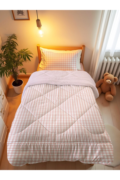 Evmila Παστέλ Ροζ Ποτικάρε, Καρό Σχέδιο, Μονό Σετ, Παιδικό Σετ Ύπνου, Πάπλωμα