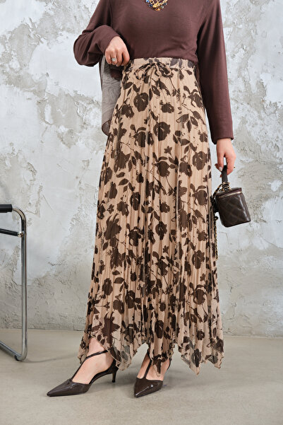 LOCCO Women's Asymmetrical Chiffon Skirt Brown