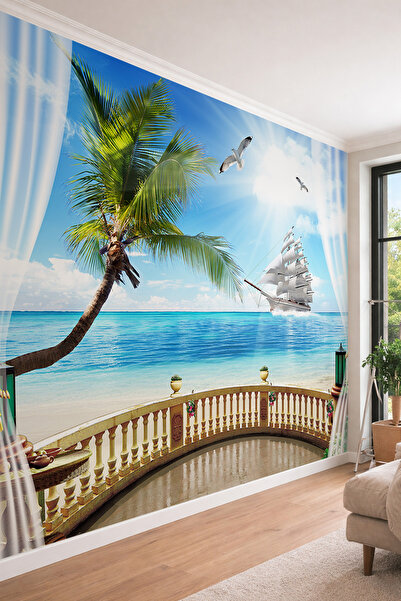 dreamwall Güneş Işığı Efektli Sahil ve Yelkenli Gemi Manzaralı Balkonlu Tekst...