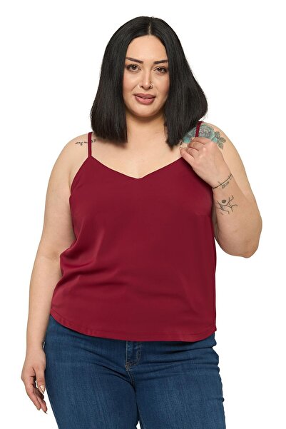 DISENTIS MODEST Plus Size Adjustable Thin Strap V-Neck Burgundy Blouse