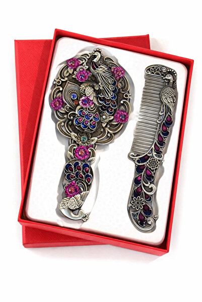 MD Moda Accessories Vintage Tavus Kuşu Motifli El Aynası ve Tarak Seti – Renk...