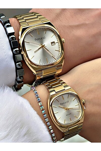 Ferrucci GOLD TAKVİMLİ KARE ÇİFT SAATLER