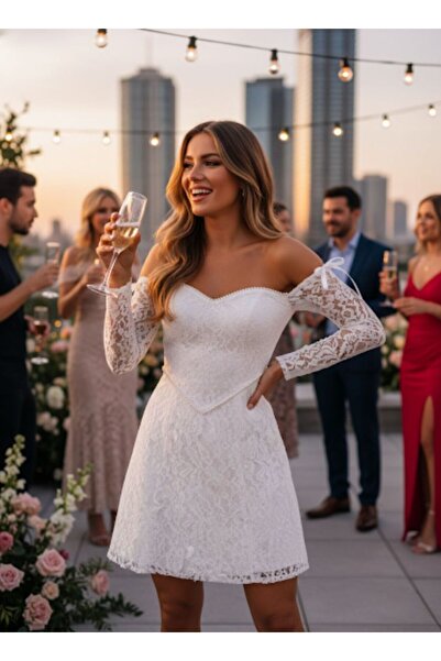 Tangül&Ali'S Moda Evi Fransız Dantelli Beyaz Mini Elbise