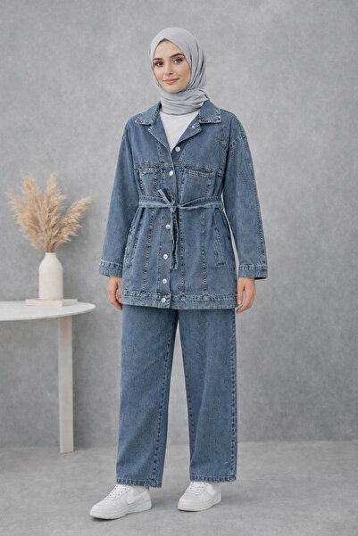 Kirazgym Beli Belted Stoned Denim Suit with Pockets and Buttons on the Front ...