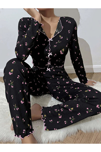 Redsaks Elegant Floral Patterned Long Sleeve Pajama Set