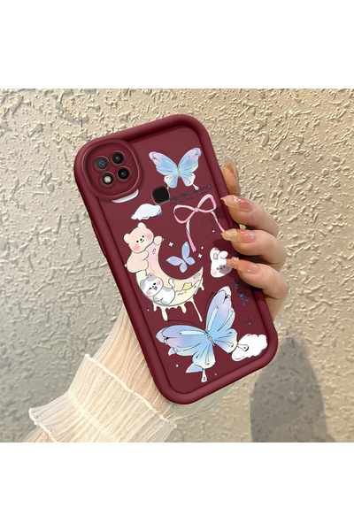 ucuc Redmi 9C Uyumlu Bordo Silikon Darbeye Dayanıklı Lens Korumalı Bow Deseni...