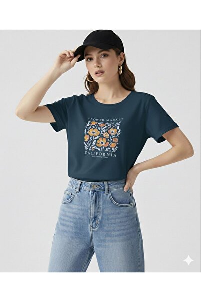 FAVORİST Flower Market California Printed Women's Crew Neck Tshirt