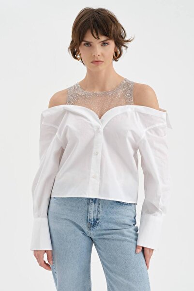 tw3 Дамска риза с яка от тюл и камъни