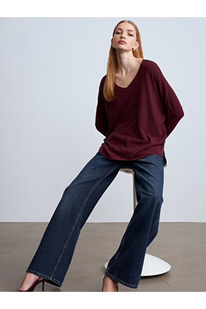 Dilvin 10844 V-Neck Cashmere Blend Sweater-Burgundy