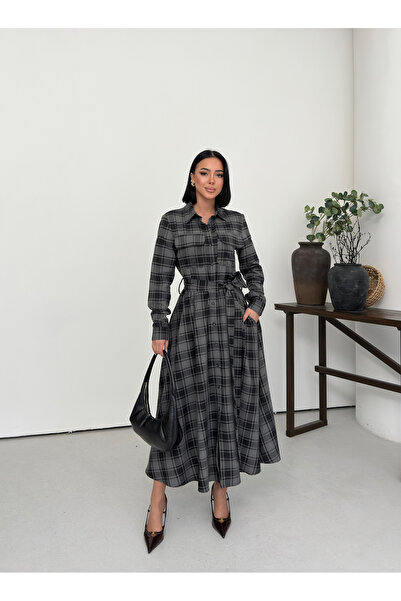 LE CARAMBOLE Women's Black Plaid Patterned Buttoned Front Long Dress