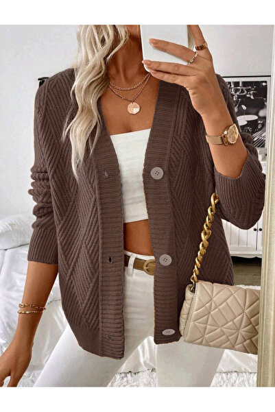 CuteLovesa Yürütme Desen Düğmeli V Yaka Kadın Triko Hırka