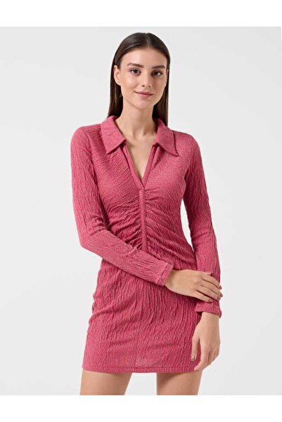 Jimmy Key Pembe Dar Kesim Polo Yaka Uzun Kollu Desenli Mini Elbise