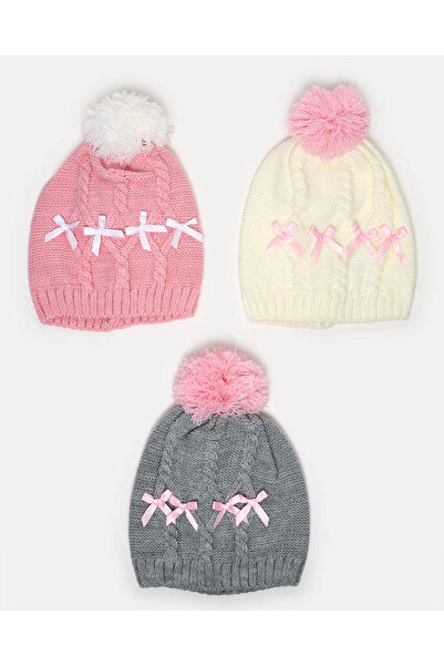 REDTAG Girls Assorted Knnited Pom Pom Cap Set (Pack of 3)